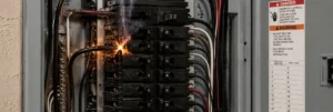 Short circuit in an electrical panel causing sparks and overheating near circuit breakers.